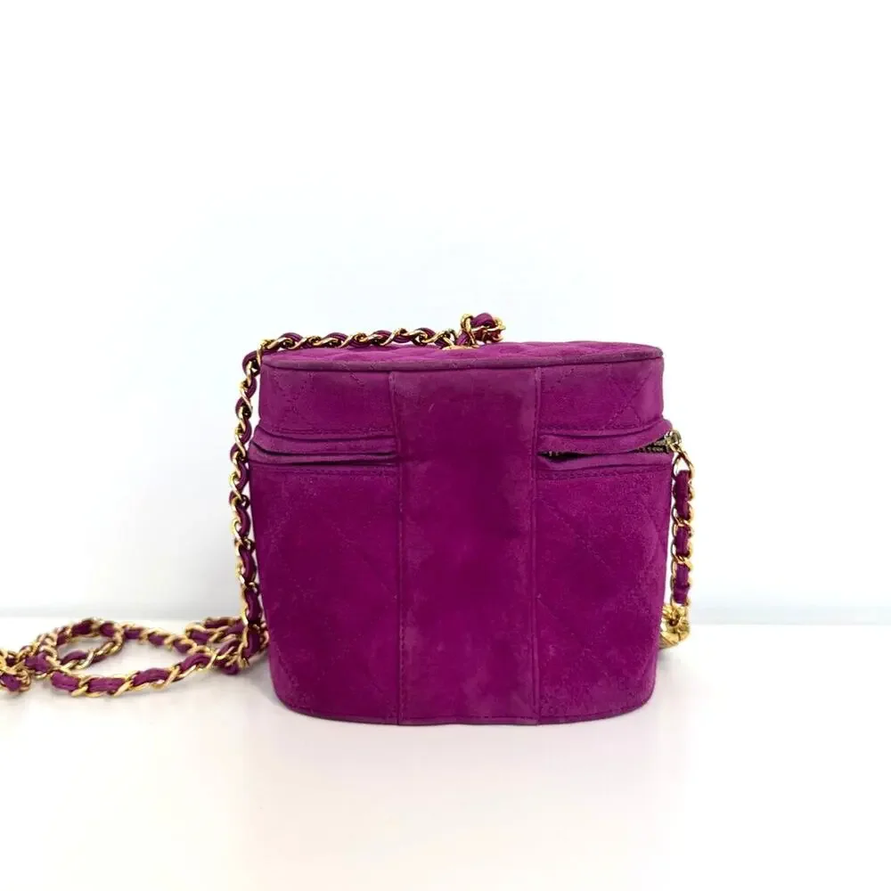 CHANEL Purple Vintage Tassel Chain Vanity Case Shoulder Bag Gold Logo Quilted